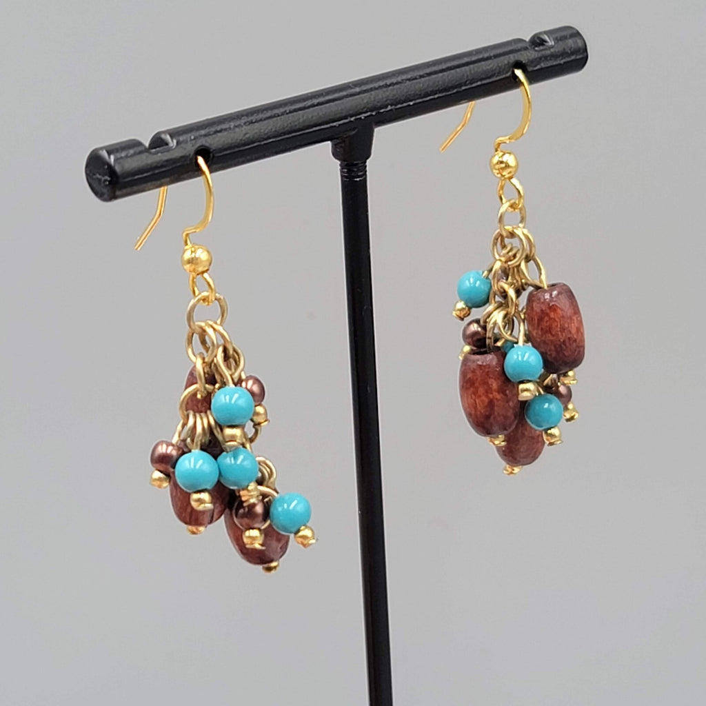 Wood Bead Pierced Earrings Gold tone Blue Bead Dangle 1.25"