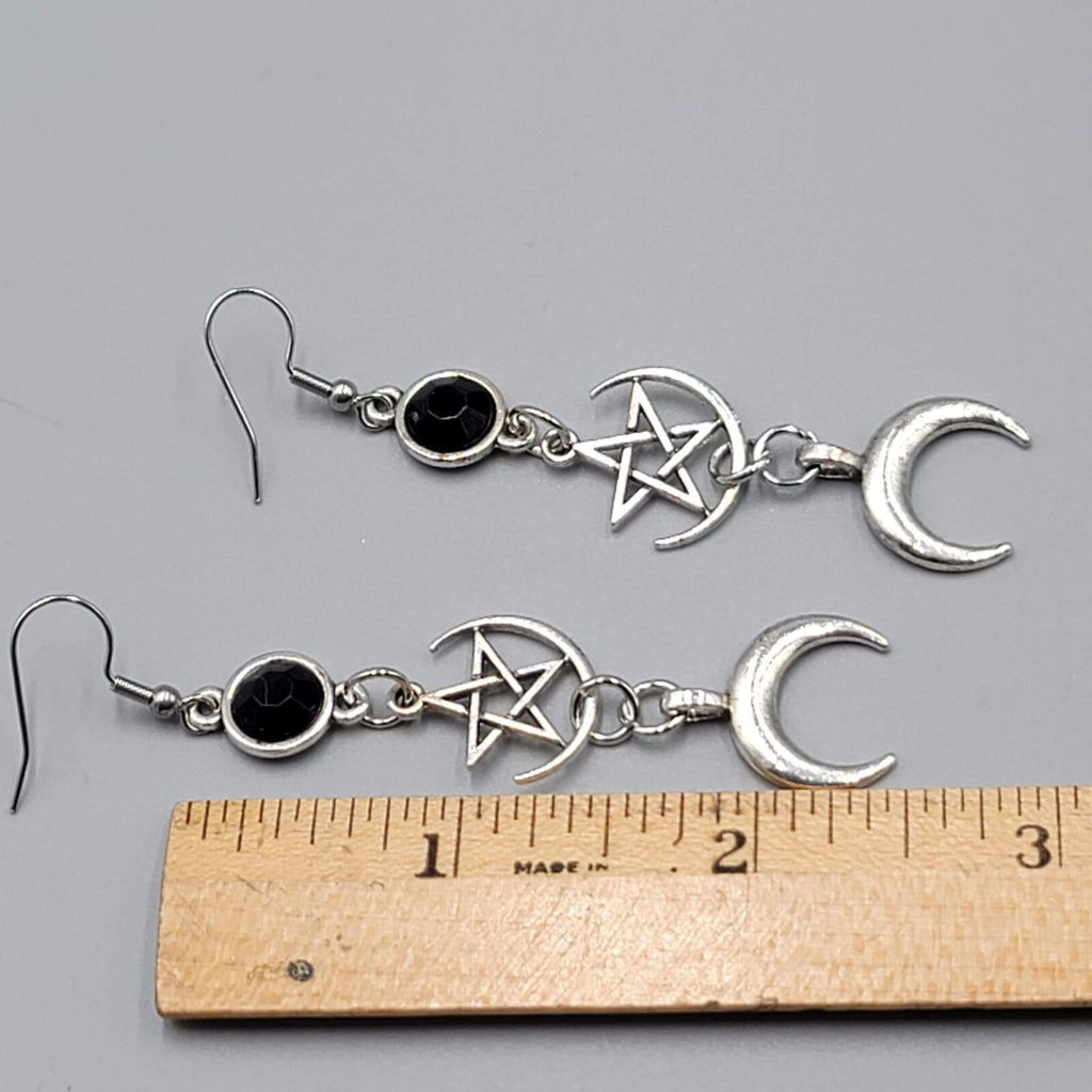 Pentagram Moon Pierced Earrings Black Accent Silver tone Long Dangle 2.5"