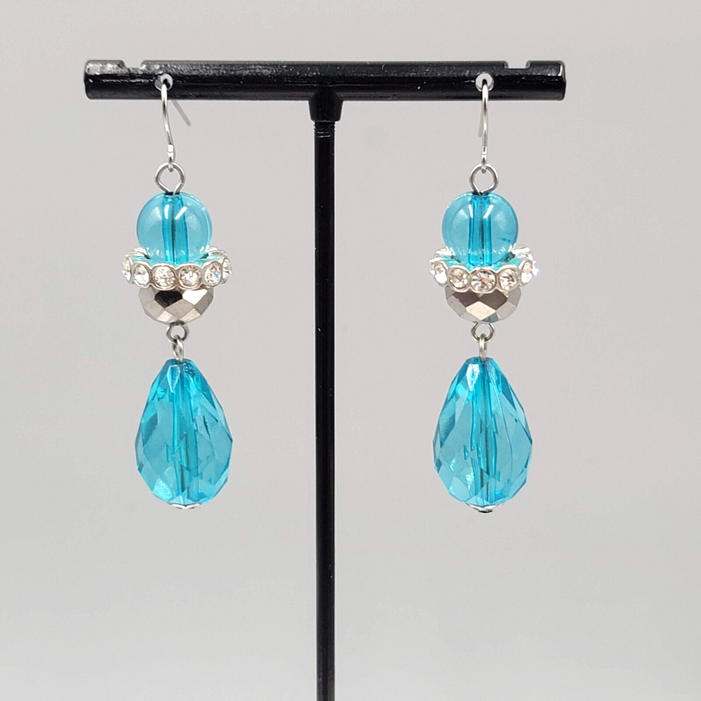 Pierced Earrings Silver tone Rhinestones Blue Faceted Acrylic Teardrop 1.75"