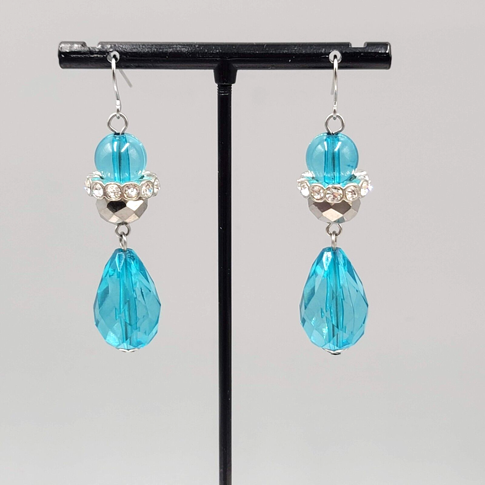 Pierced Earrings Silver tone Rhinestones Blue Faceted Acrylic Teardrop 1.75"