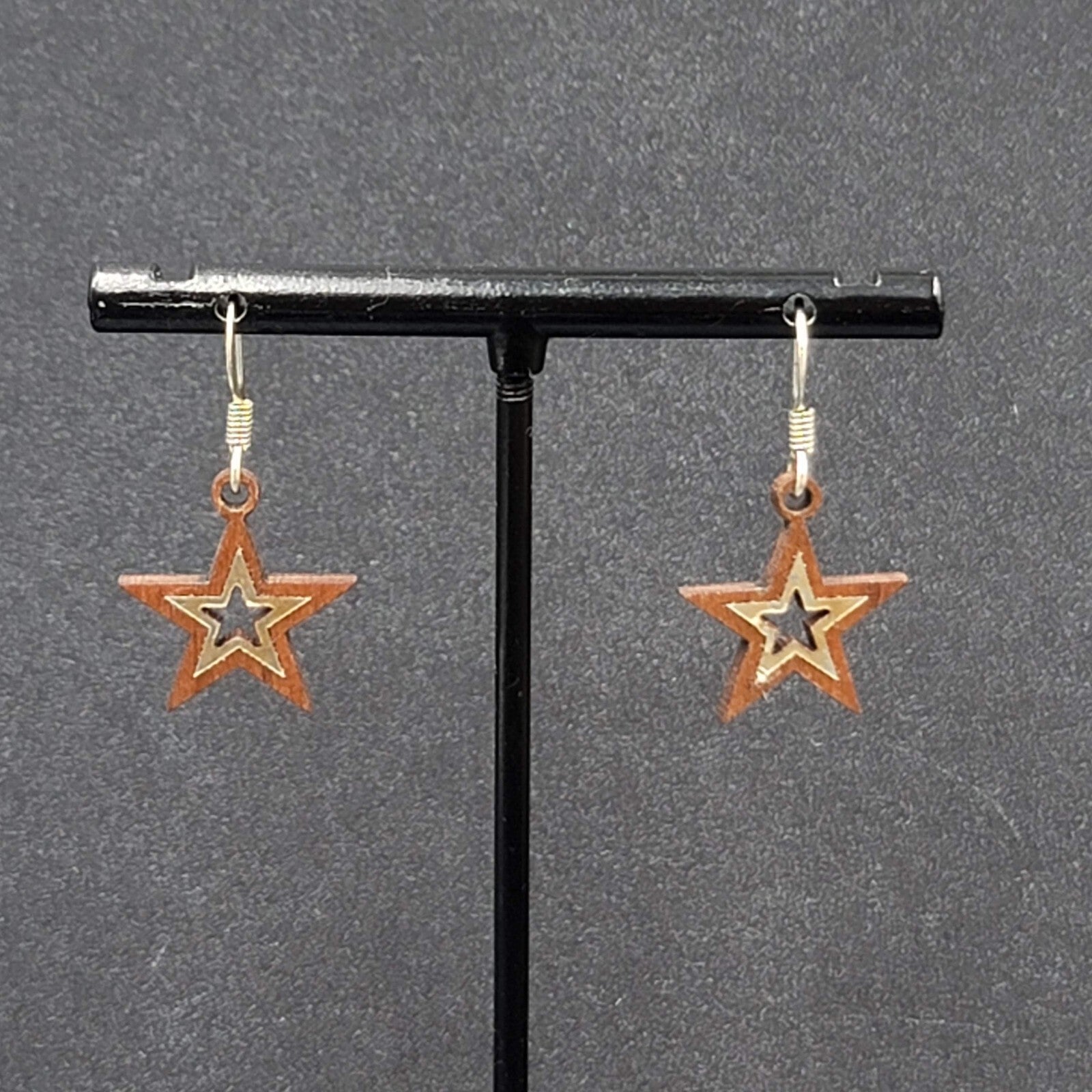 Star Pierced Earrings Wood Dangle 3/4"
