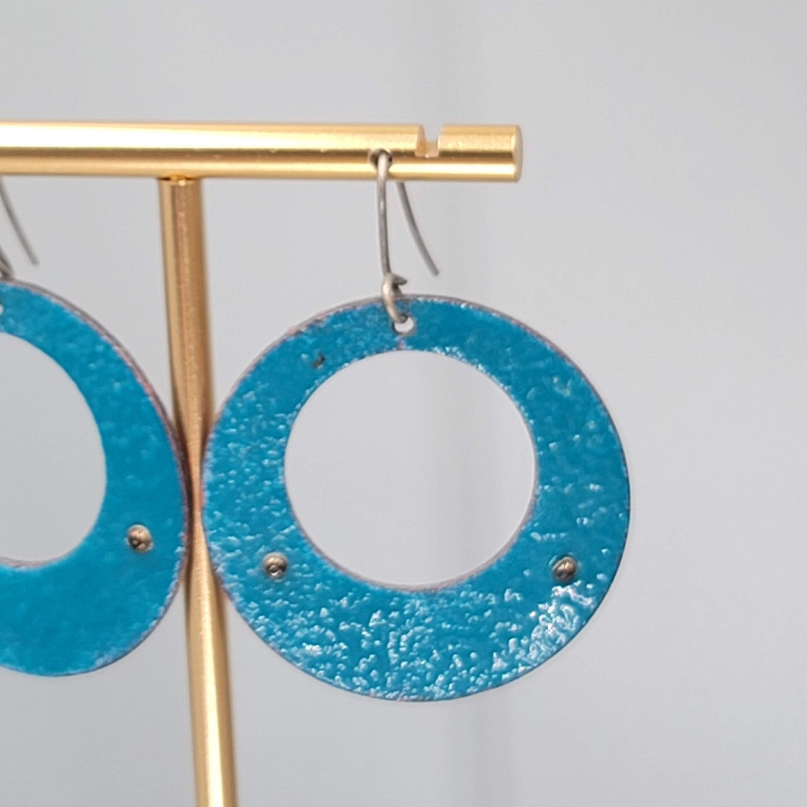 Artisan Vintage Blue Enamel Open Discs Pierced Earrings Round Dangle 1.5"