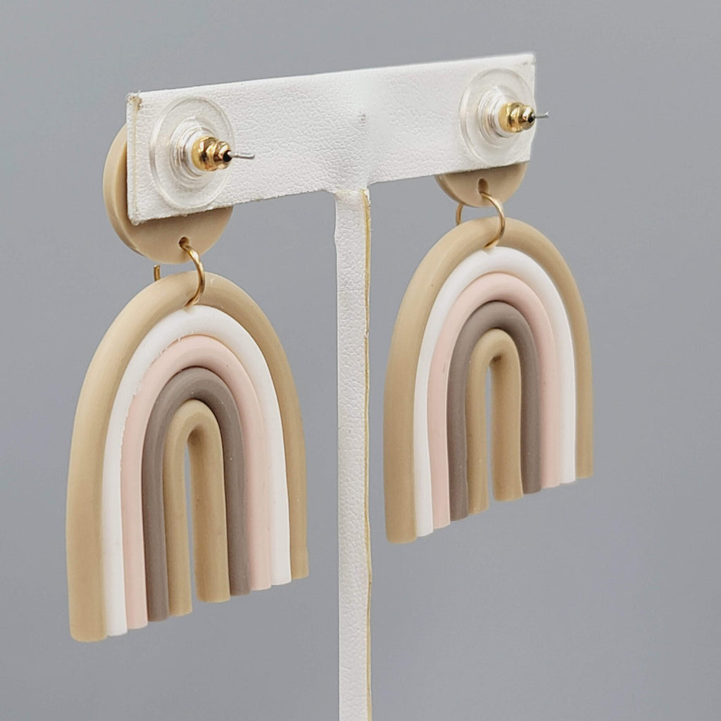 Polymer Clay Statement Pierced Earrings Tan White Pink Dangle 2.25"
