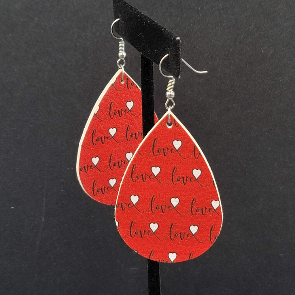 Love Pierced Earrings Faux Leather Valentines Day Teardrop Dangle 2.25"