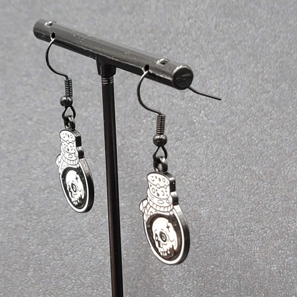 Poison Skull in Jar Pierced Earrings Black White Enamel Dangle Halloween 7/8" 