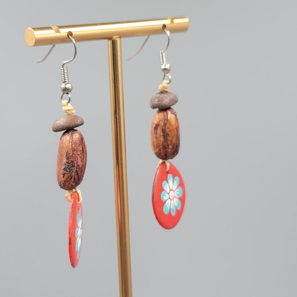 Artisan Bead Pierced Earrings Coffee Bean Seed Hand Painted Dangle 1.75"