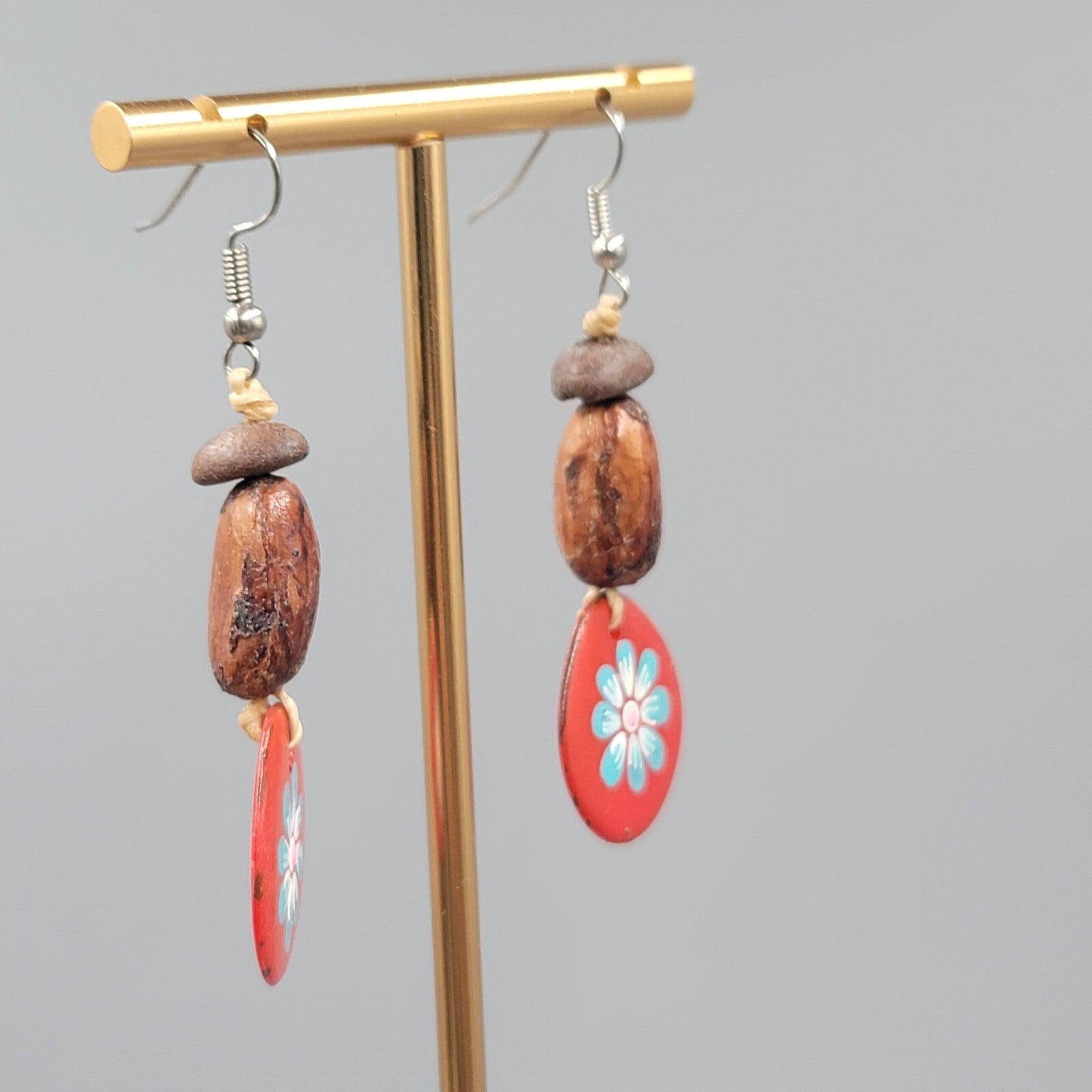 Artisan Bead Pierced Earrings Coffee Bean Seed Hand Painted Dangle 1.75"