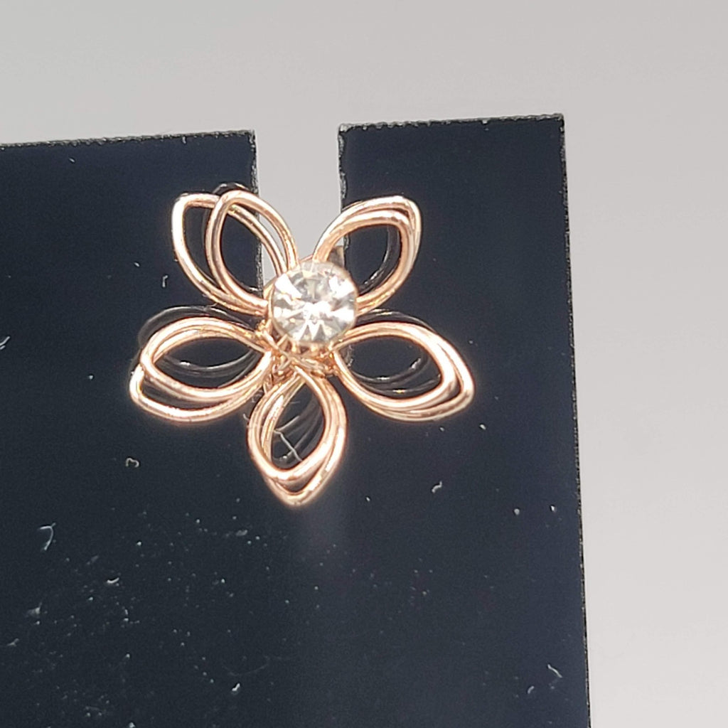 Wire Flower Stud Pierced Earrings Crystal Gold tone 1/2"