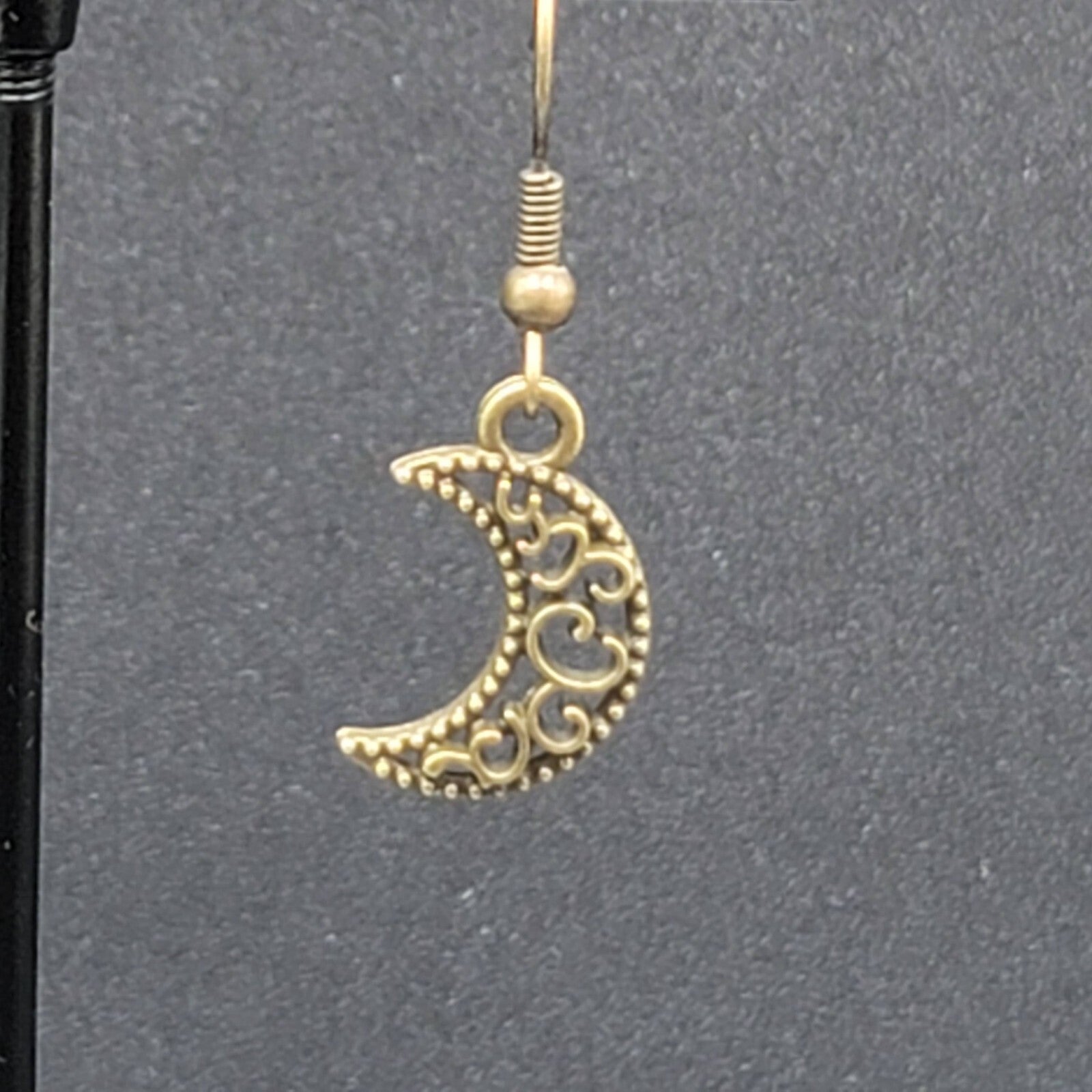 New MOON Pierced Earrings Bronze tone Open Work Metal Dangle 5/8"