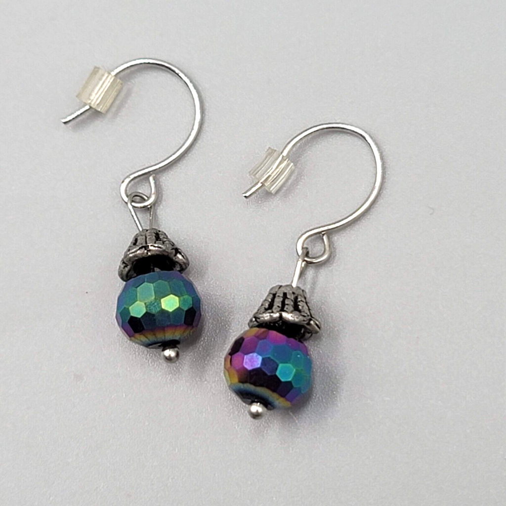Rainbow Iridescent Sparkle Faceted Bead Dangle Pierced Earrings Silvertone 5/8"