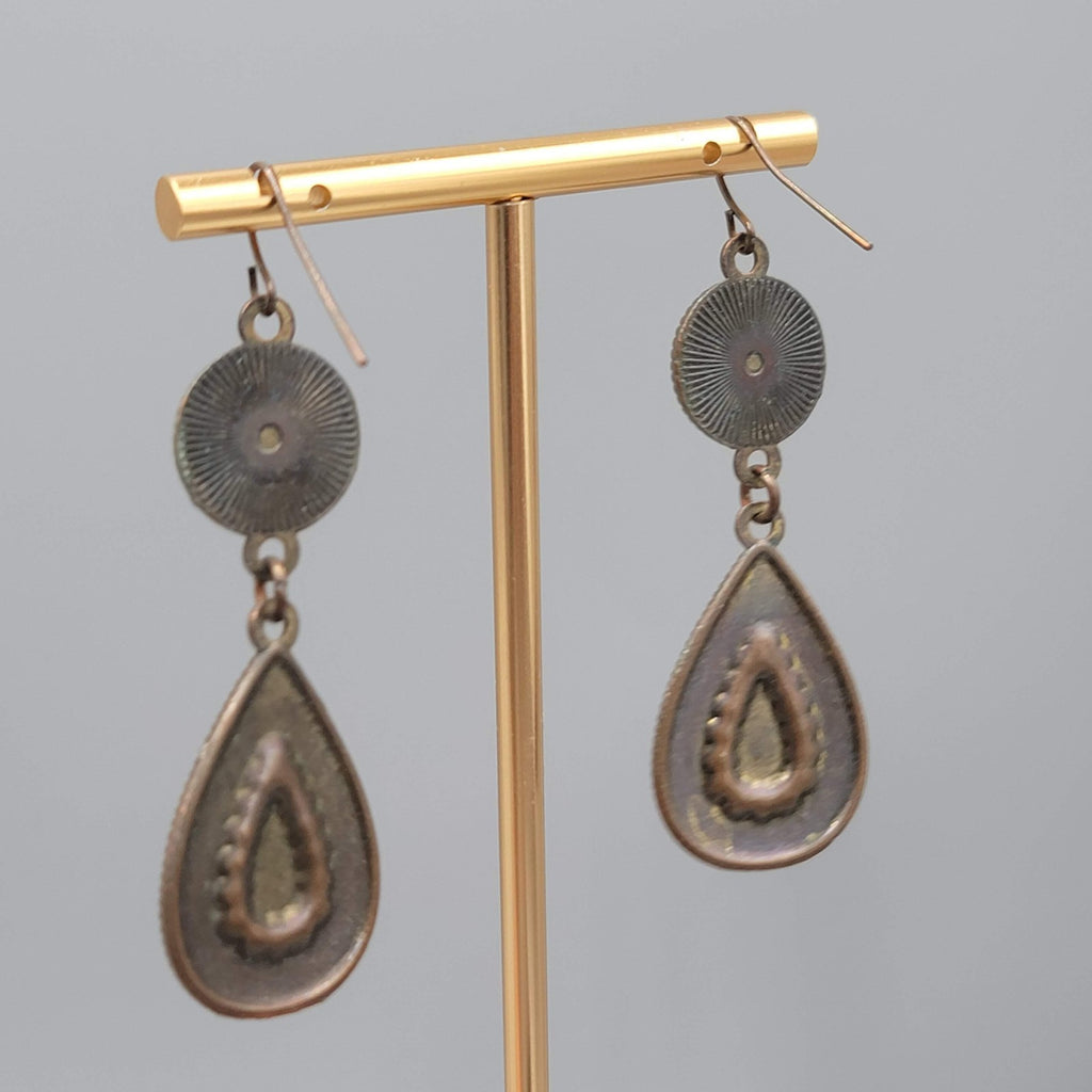 Enamel Teardrop Double Medallion Pierced Earrings Bronze tone Dangle 2 in