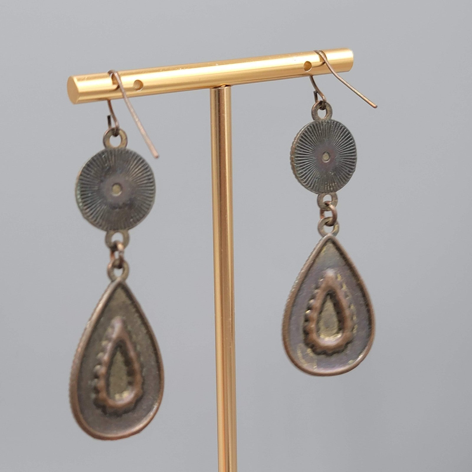 Enamel Teardrop Double Medallion Pierced Earrings Bronze tone Dangle 2 in