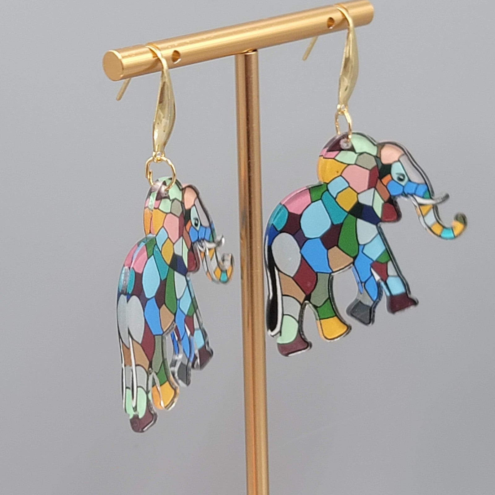 Multicolor Mosiac Elephant Pierced Earrings Acrylic Dangle Gold tone Hook 1 3/8"