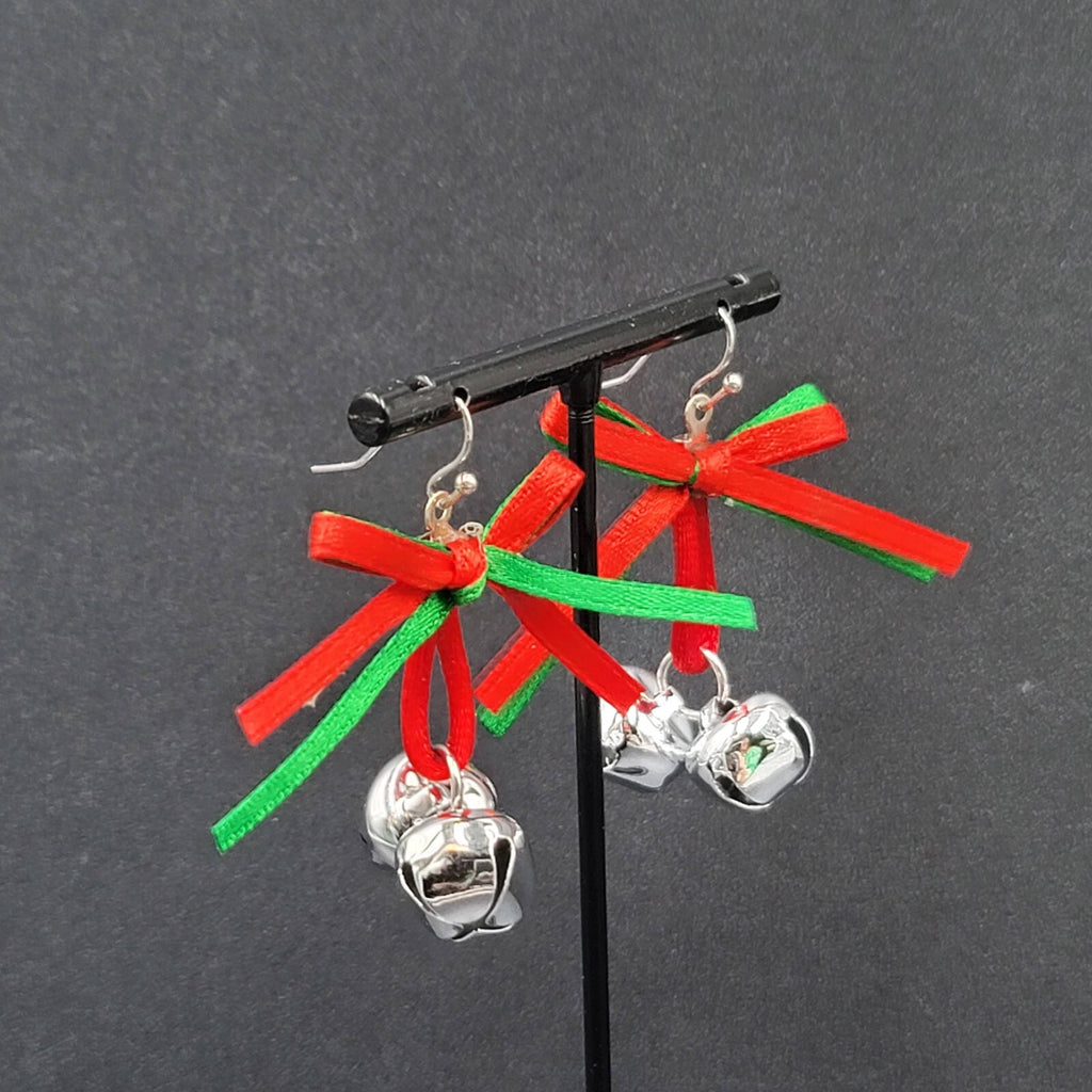 Christmas Holiday Pierced Earrings Ribbon Jingle Bells 1.5"