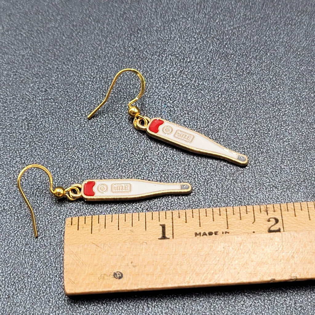 Nurse Thermometer Pierced Earrings Red White Enamel Gold tone Dangle 1 1/8"