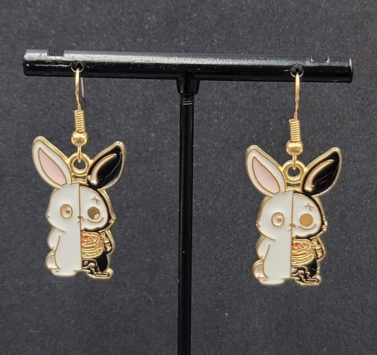 Zombie Rabbit Bunny Pierced Earrings Halloween Half Skeleton Enamel Dangle 1"
