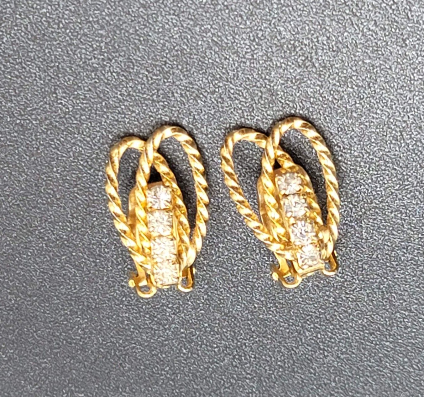 Vintage Clip on Earrings Textured Gold tone Rhinestone Drop 3/4"