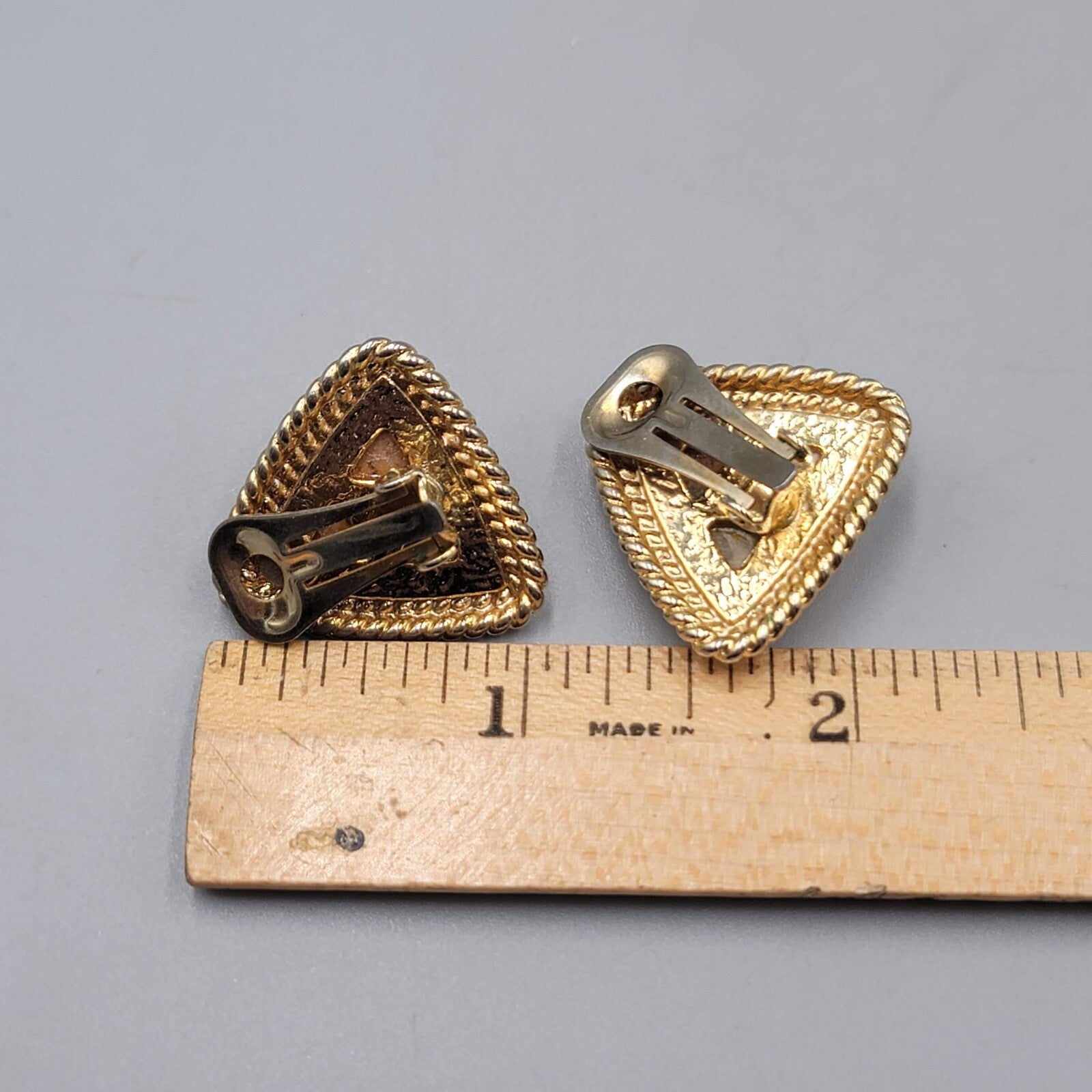 Vintage Triangle Clip on Earrings Gold tone Imitation Stone Center 7/8"