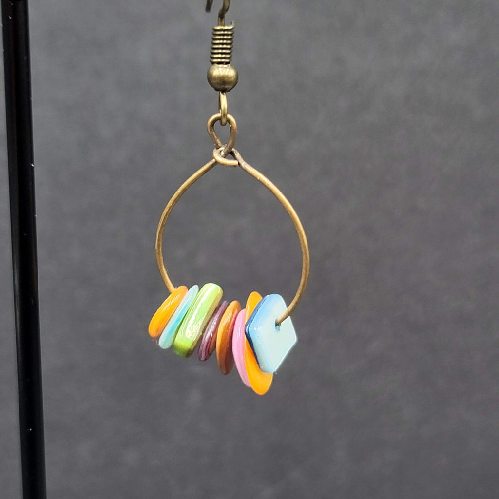 Pierced Earrings Multicolor Shell Beads Dangle Hoops 1 1/8"