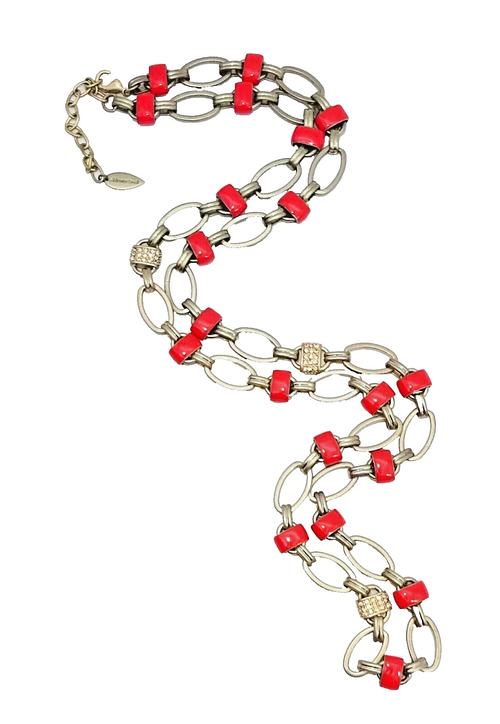 COLDWATER CREEK Gold tone Red Enamel Rhinestone Necklace 36" - 38"