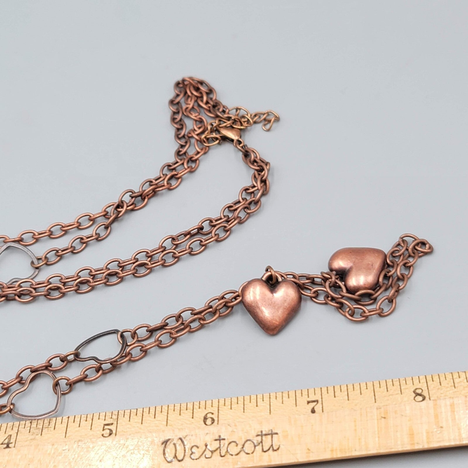 Heart Necklace Copper tone Double Chain 28" 36" +2.75"