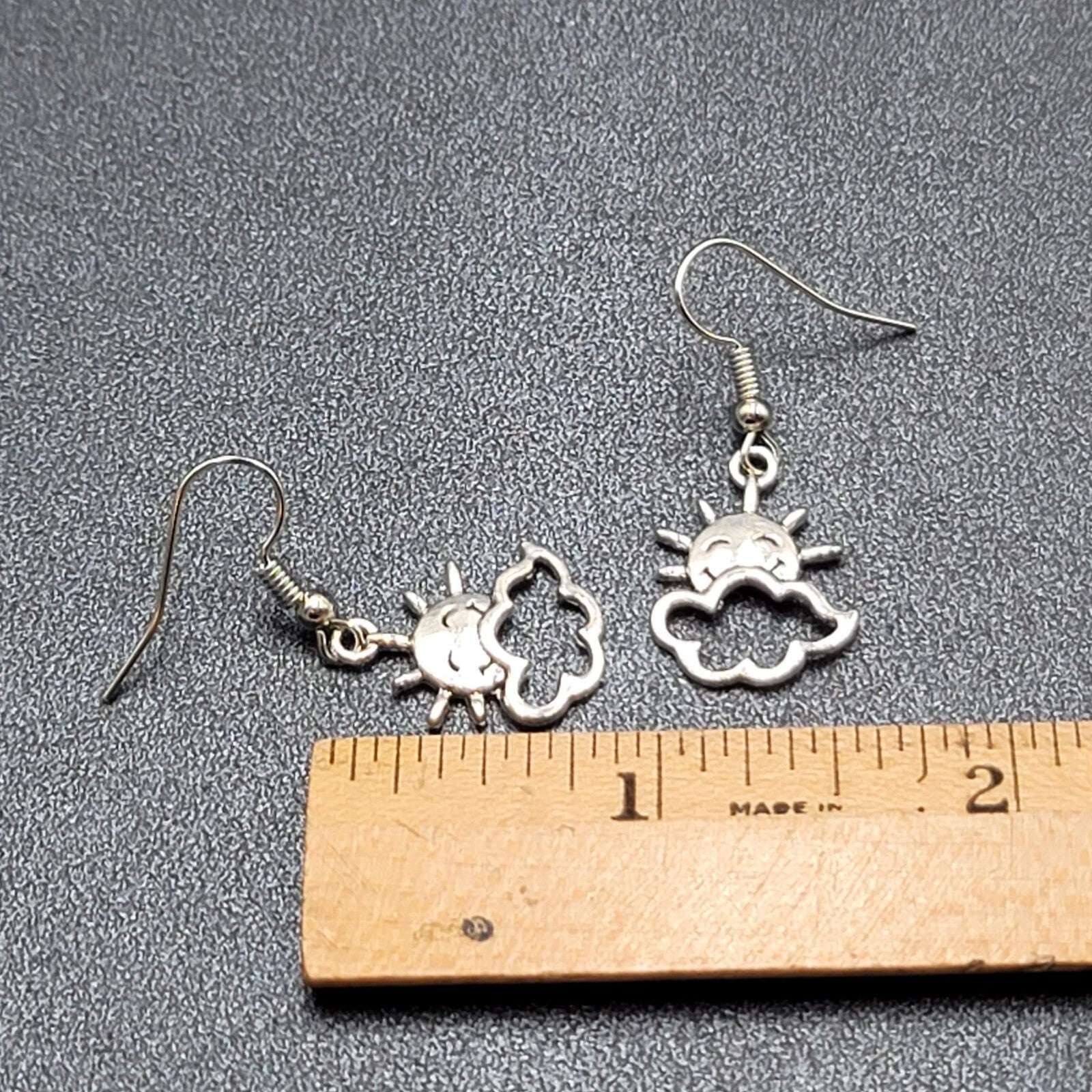 New Happy Sun Clouds Pierced Earrings Silver tone Dangle 3/4"