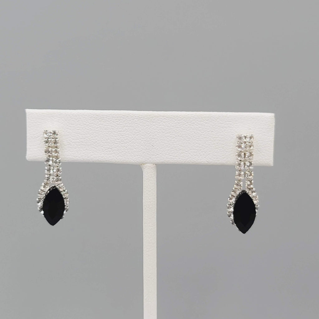 Black Clear Rhinestone Pierced Earrings Silver tone Dangle 1"