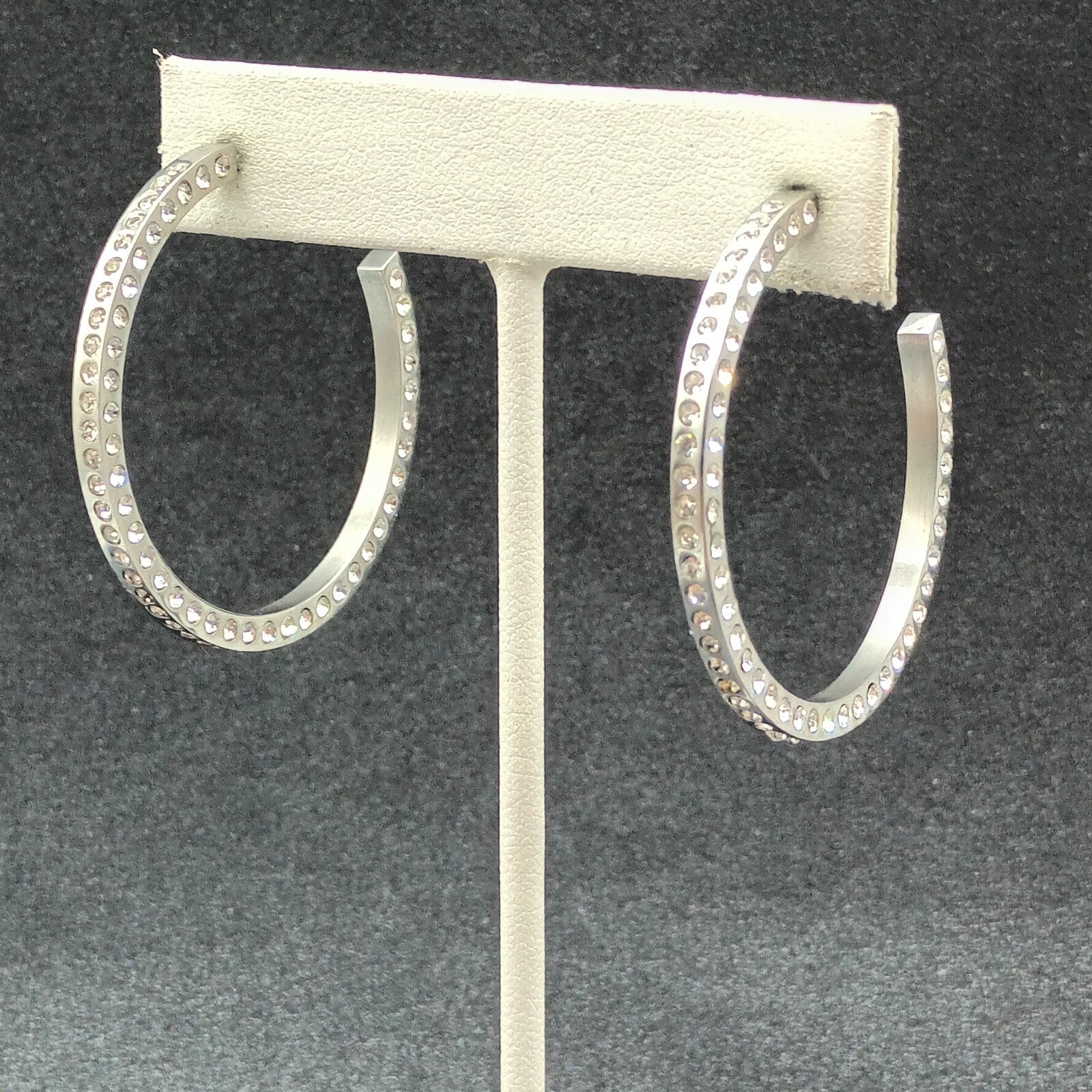 Pierced Earrings Silver tone Rhinestone Studded Statement Hoop 1 5/8"