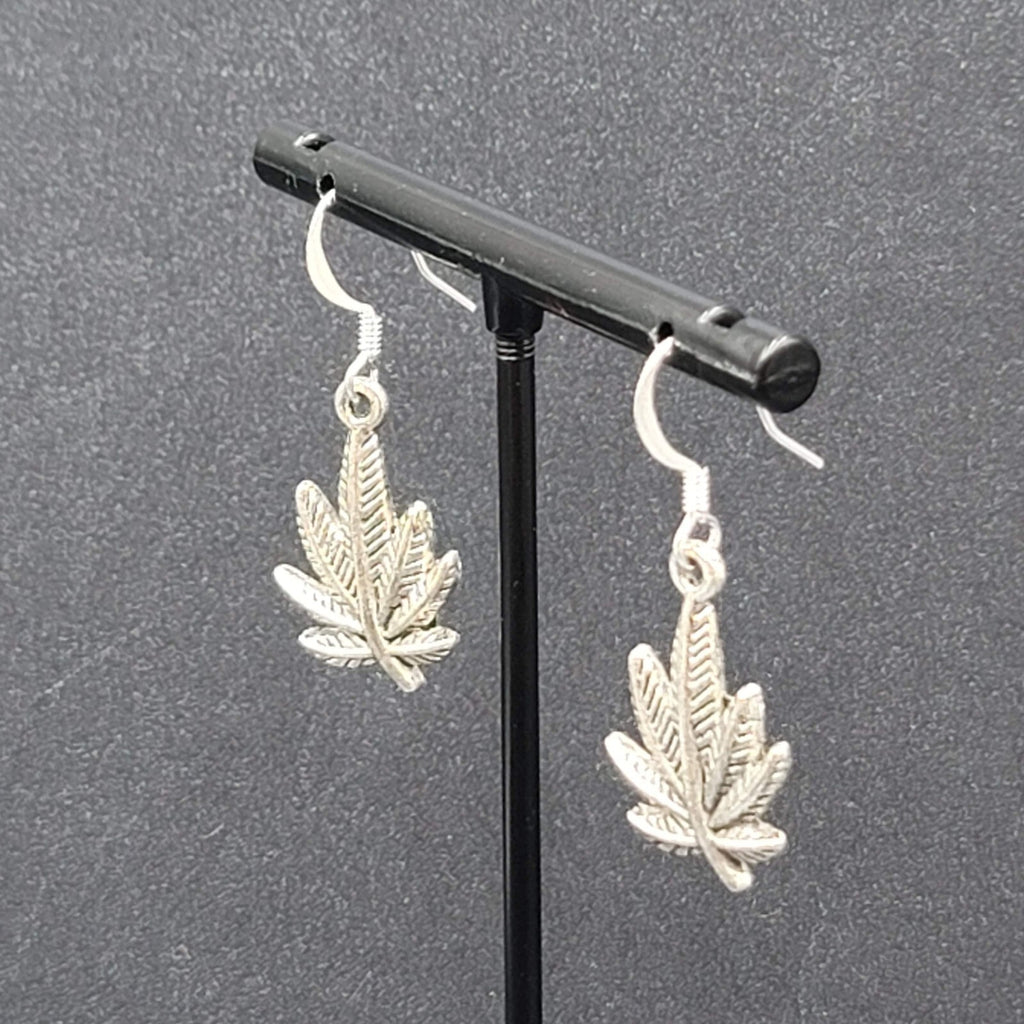 Pierced Earrings Silver tone Marijuana Pot Leaf Dangle 7/8"