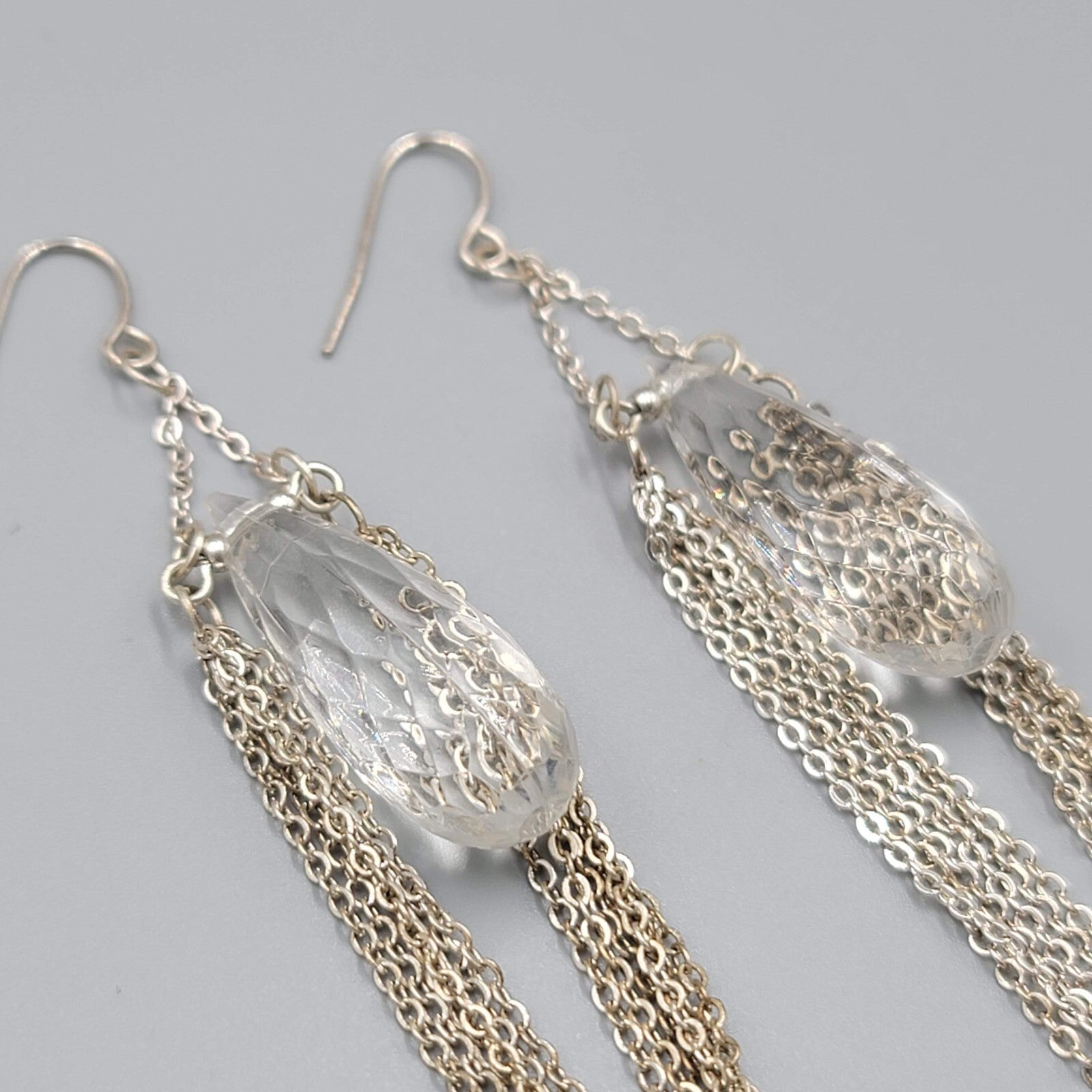 Pierced Earrings Silver tone Dangle Chains Chandelier Long 4"