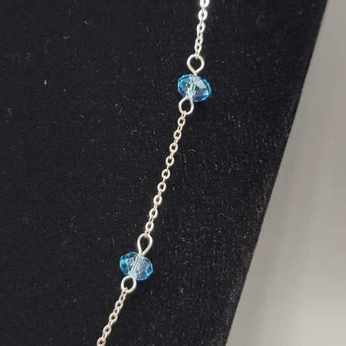 Blue Crystal Station Necklace Dainty Silver Plated 18"