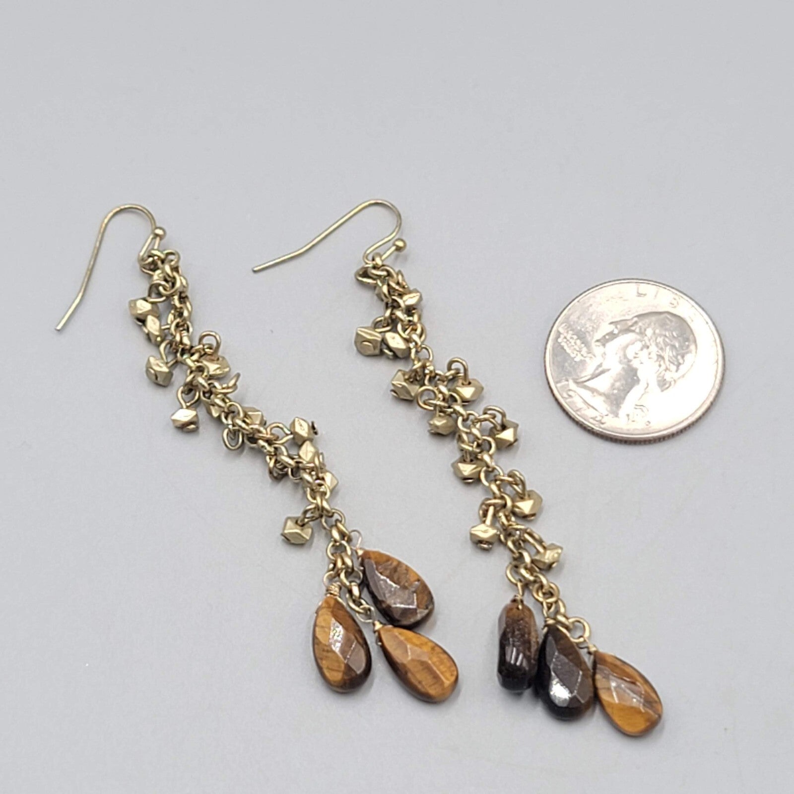 Long Tigers Eye Stone Bead Pierced Earrings Gold tone Dangle 3"