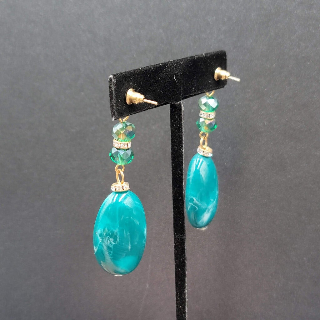 Vintage Pierced Earrings Green Acrylic Bead Dangle Rhinestones 2.5"