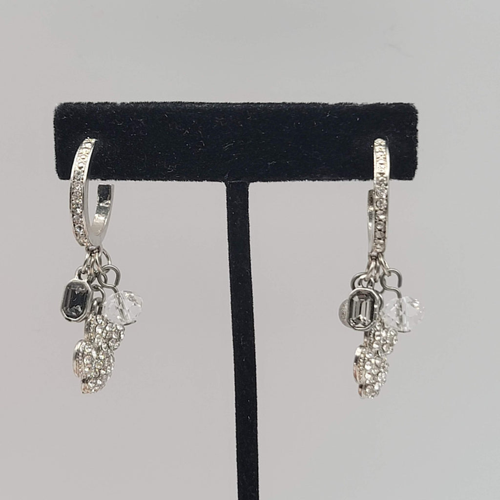 Puppy Paw Crystal Rhinestone Pierced Earrings  Silver tone Dangle Bead 1.75 in