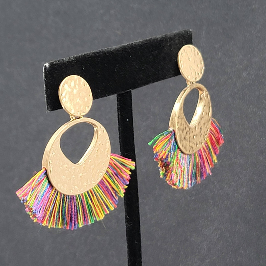 Pierced Earrings Gold tone Multicolor Tassel Boho 1.75"
