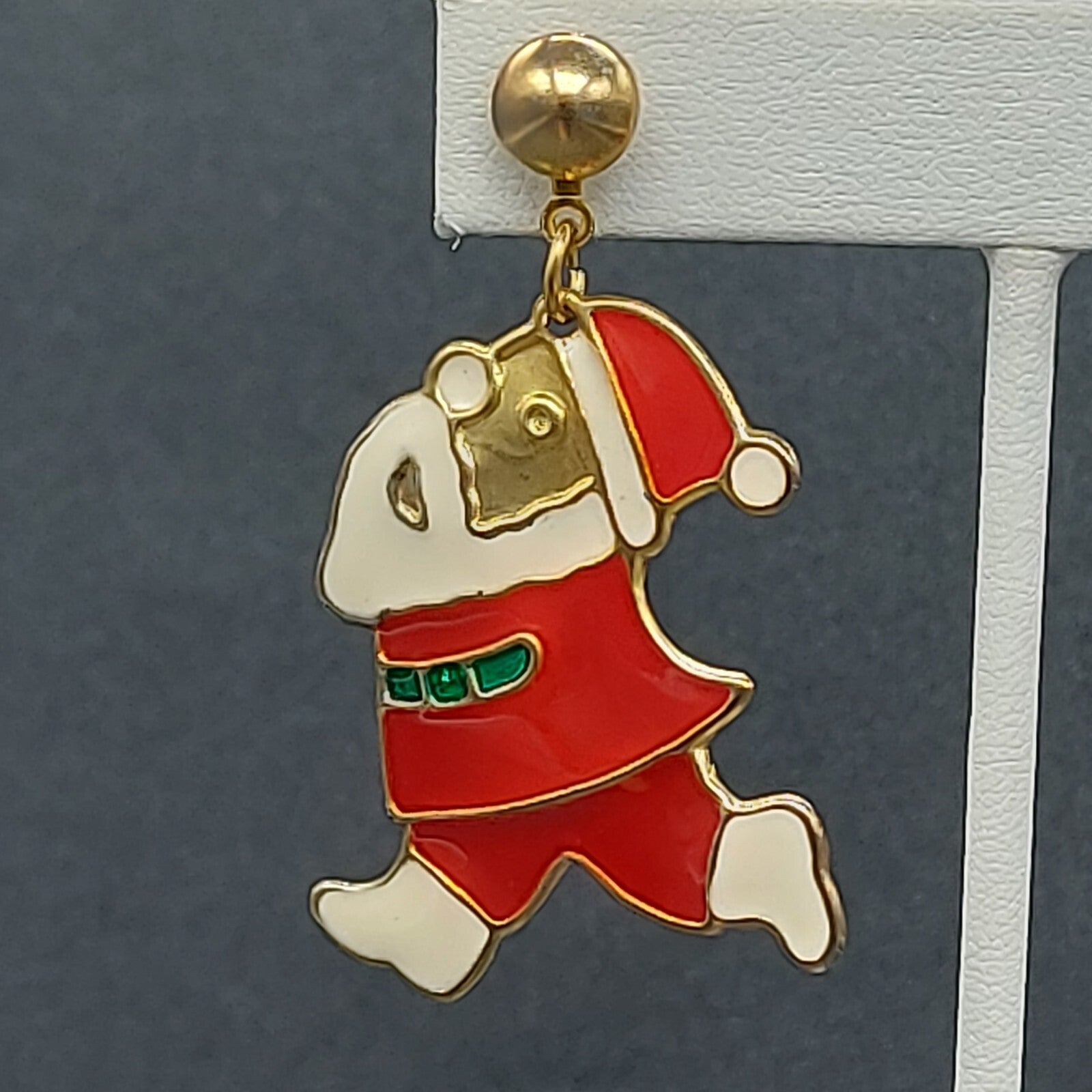 Christmas Pierced Earrings Gold tone Red Enamel Santa Claus 1 1/2"
