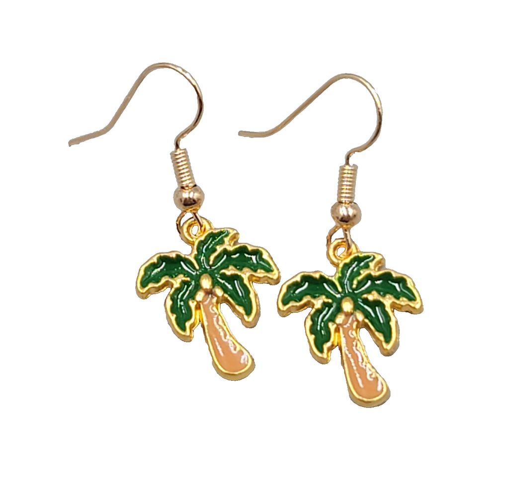 Enamel Palm Tree Pierced Earrings Gold tone Dangle Tan Trunk 3/4"