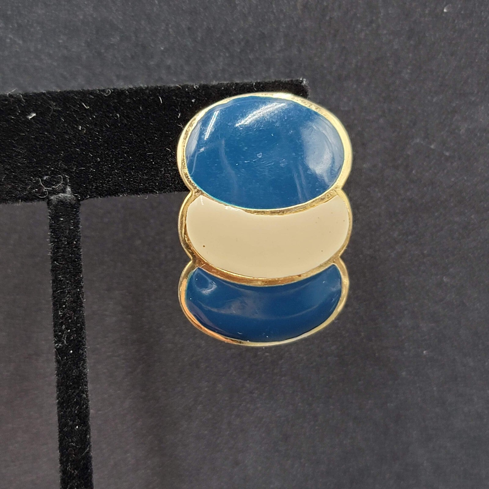 Vintage Pierced Earrings Navy Cream Enamel Drop 80's 1 3/8"