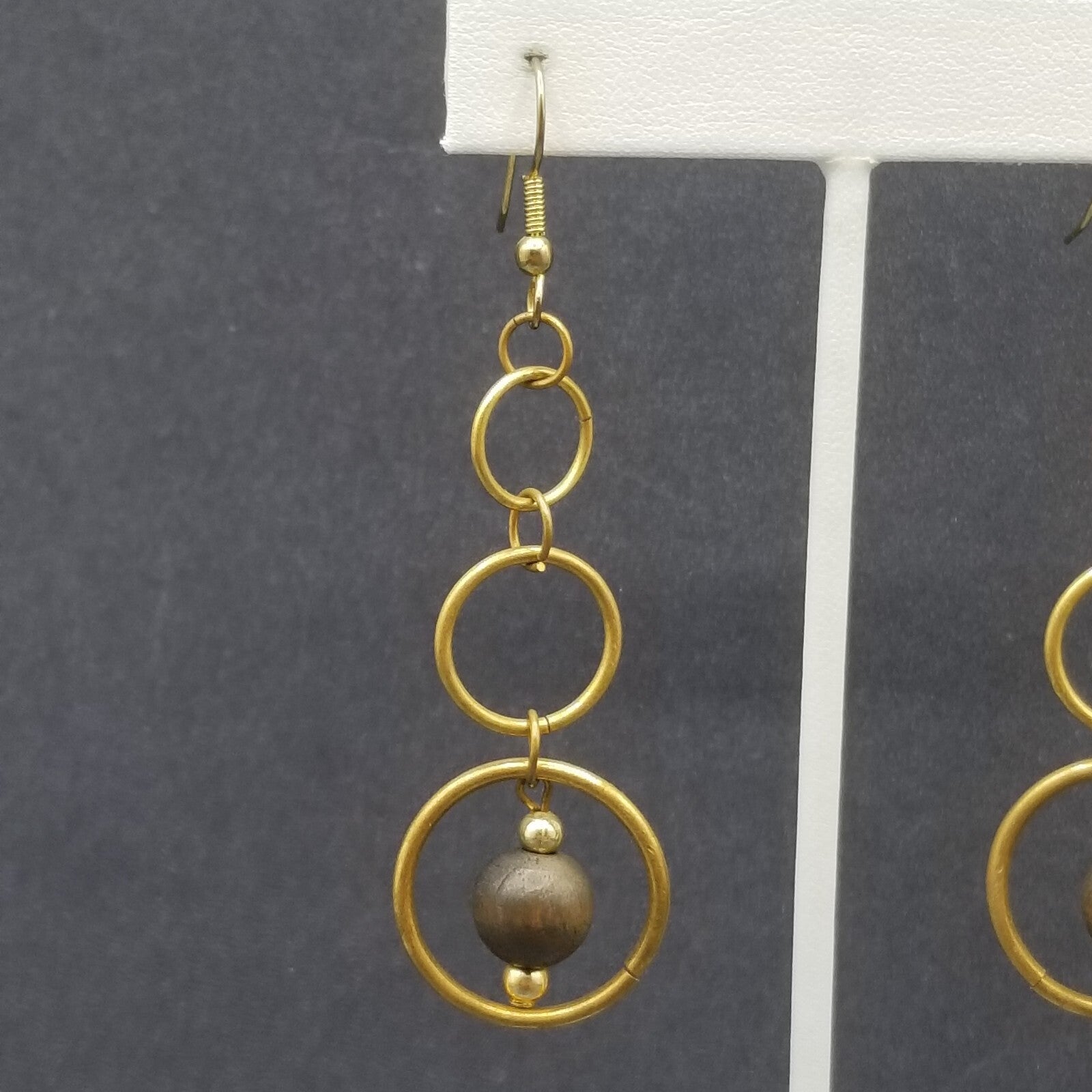 Pierced Earrings Antiqued Gold tone Graduated Chain Wood Bead Dangle 2 1/8"