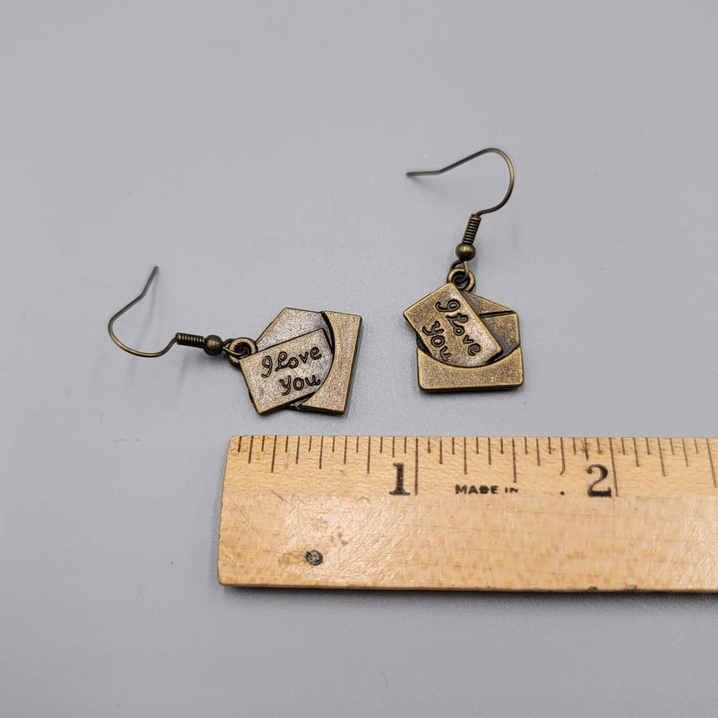 Love Note Pierced Earrings Bronze tone Dangle Embossed 3/4"