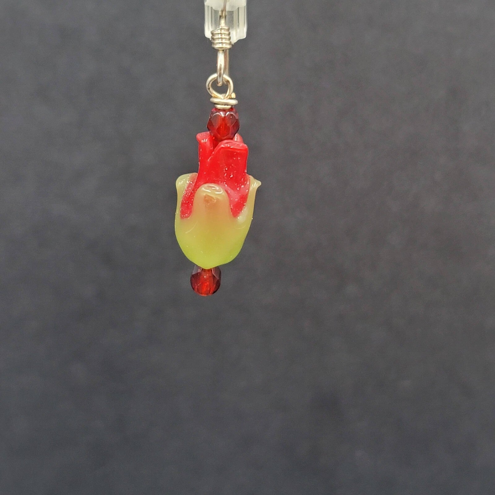Sterling Silver Pierced Earrings Red Green Glass Tulip Flower Dangle 3/4" 925
