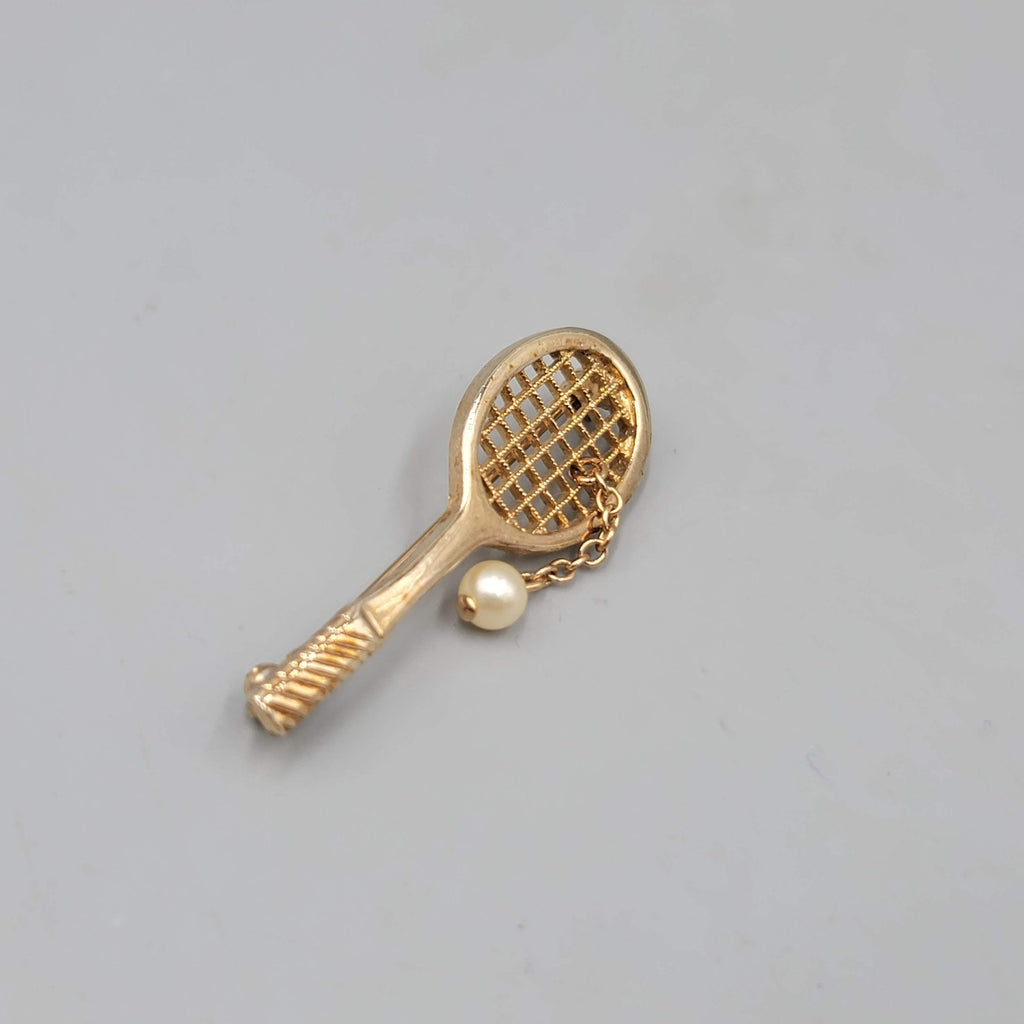 Vintage Avon Tennis Racquet Brooch Faux Pearl Dangle Gold tone 