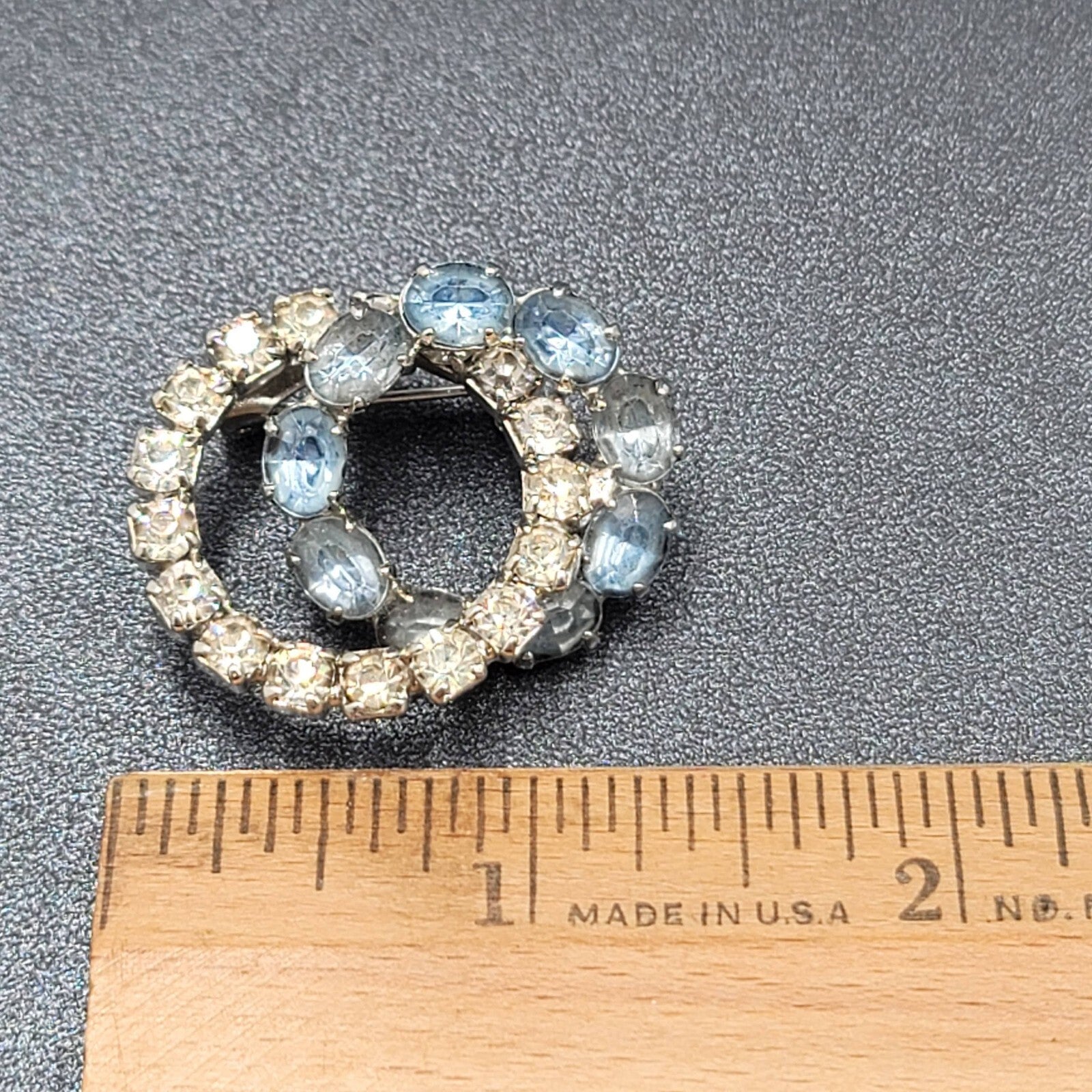 Vintage Brooch Blue Rhinestone Intertwined Circles 1 3/8" Estate Jewelry