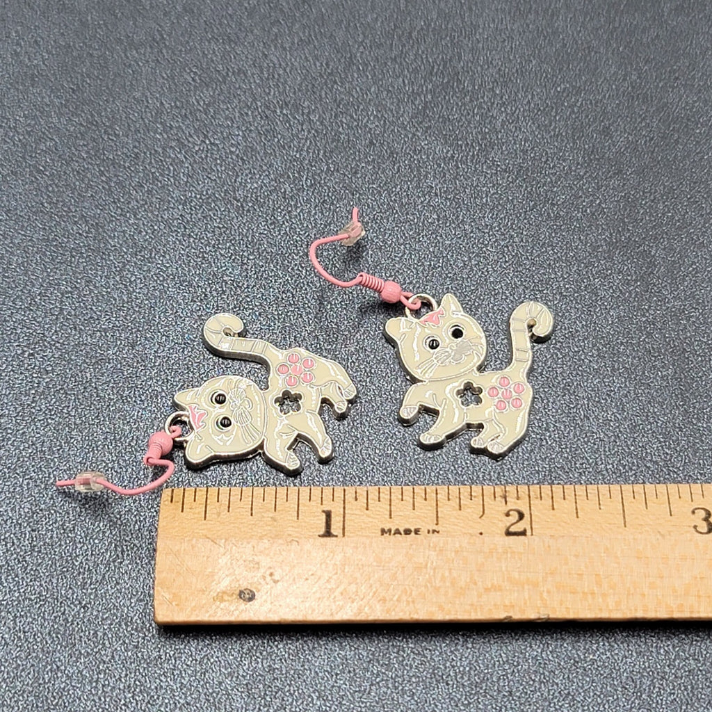 Pierced Earrings Pink White Enamel Kitty Cat Dangle Silver tone  1 1/8"