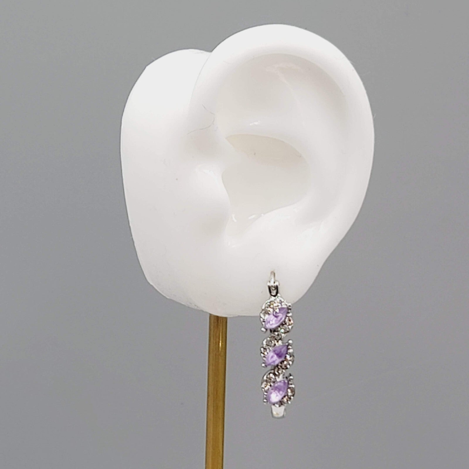Hoop Pierced Earrings Silver tone Purple Rhinestone Dangle Hoops 1"