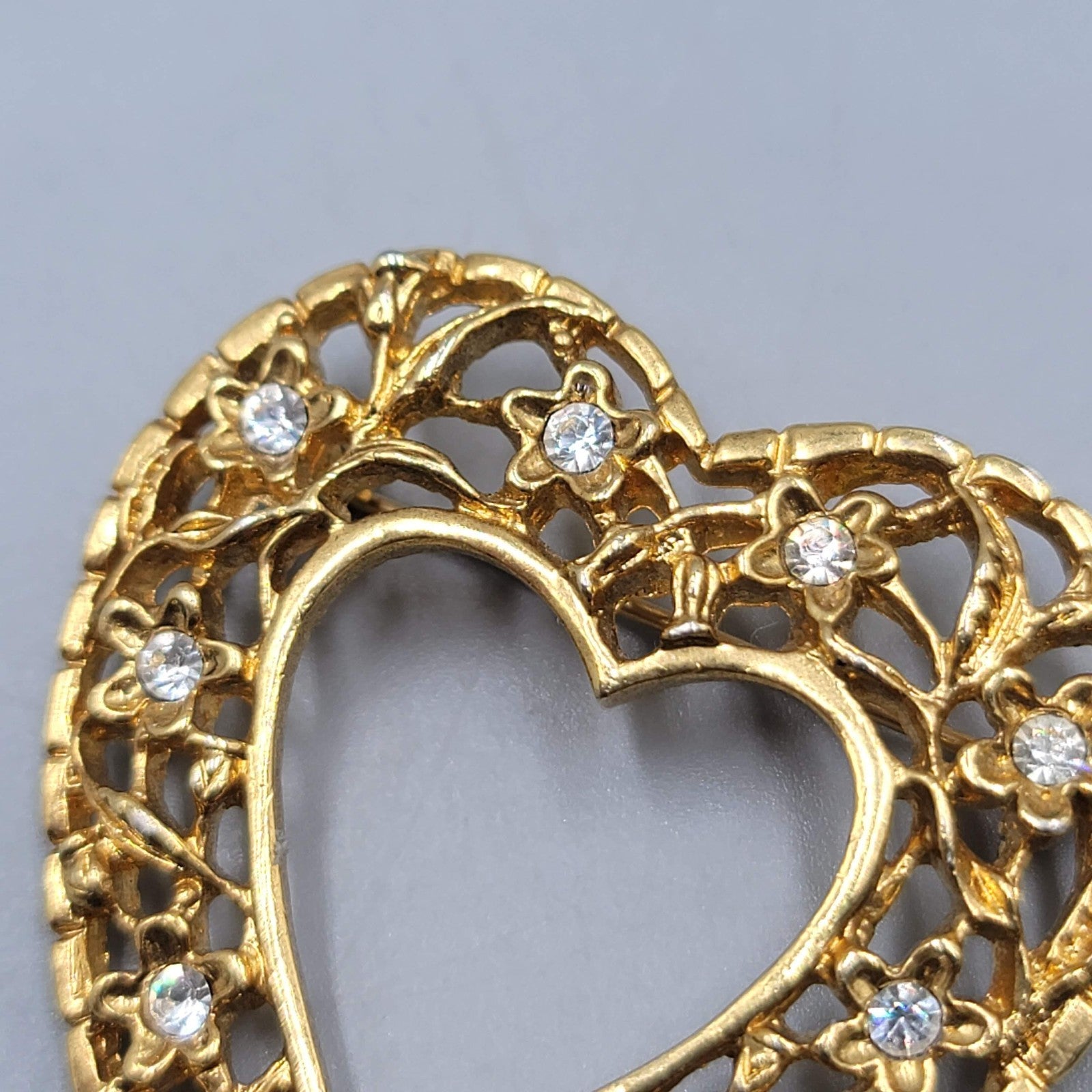 Vintage Heart Rhinestone Brooch Open Work 1.75"