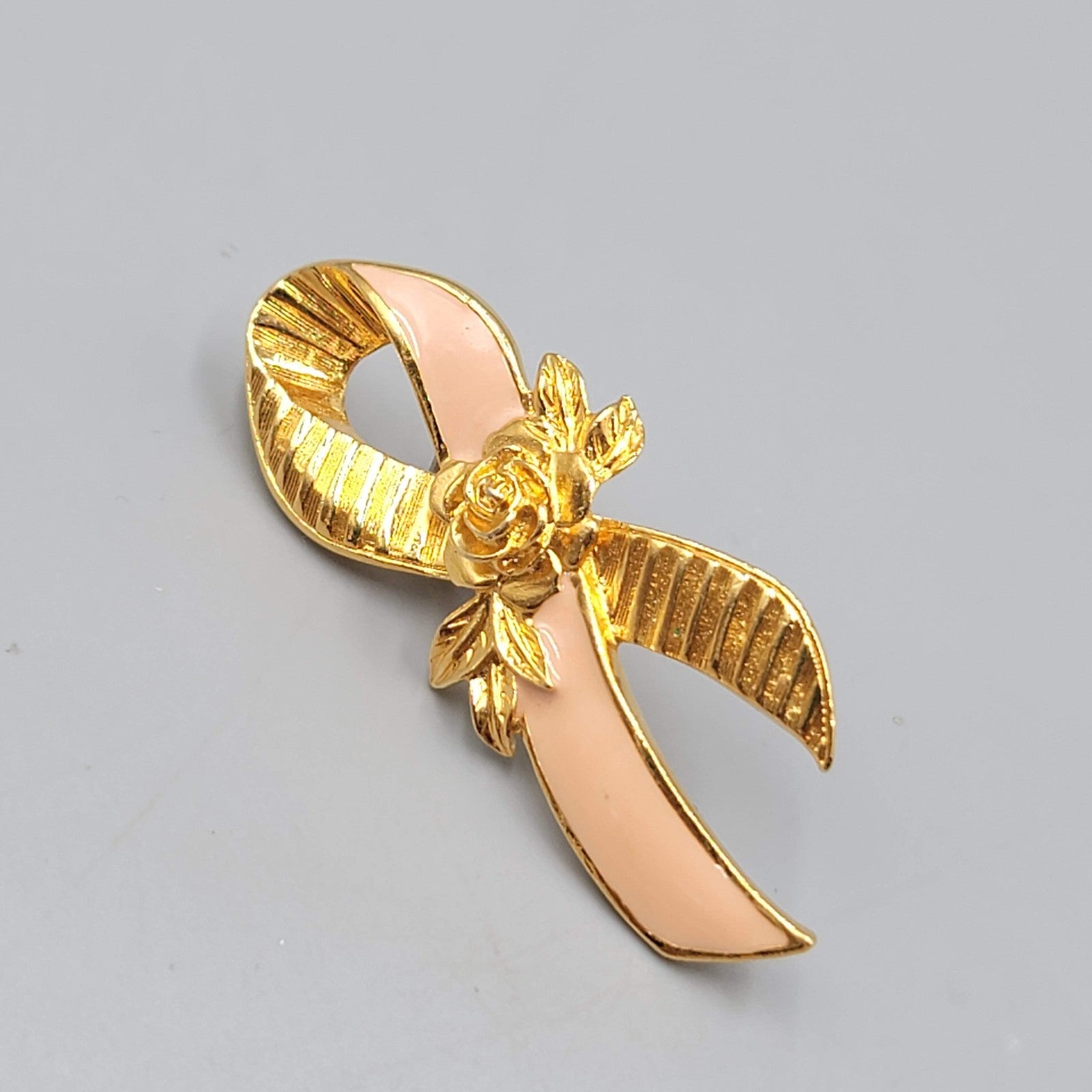 Avon Breast Cancer Awareness Pink Ribbon Pin Gold Tone Rose Lapel Pin Brooch