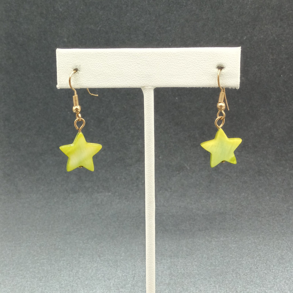 Pierced Earrings Gold tone Hook Green Dyed Shell Star Bead Dangle  5/8"