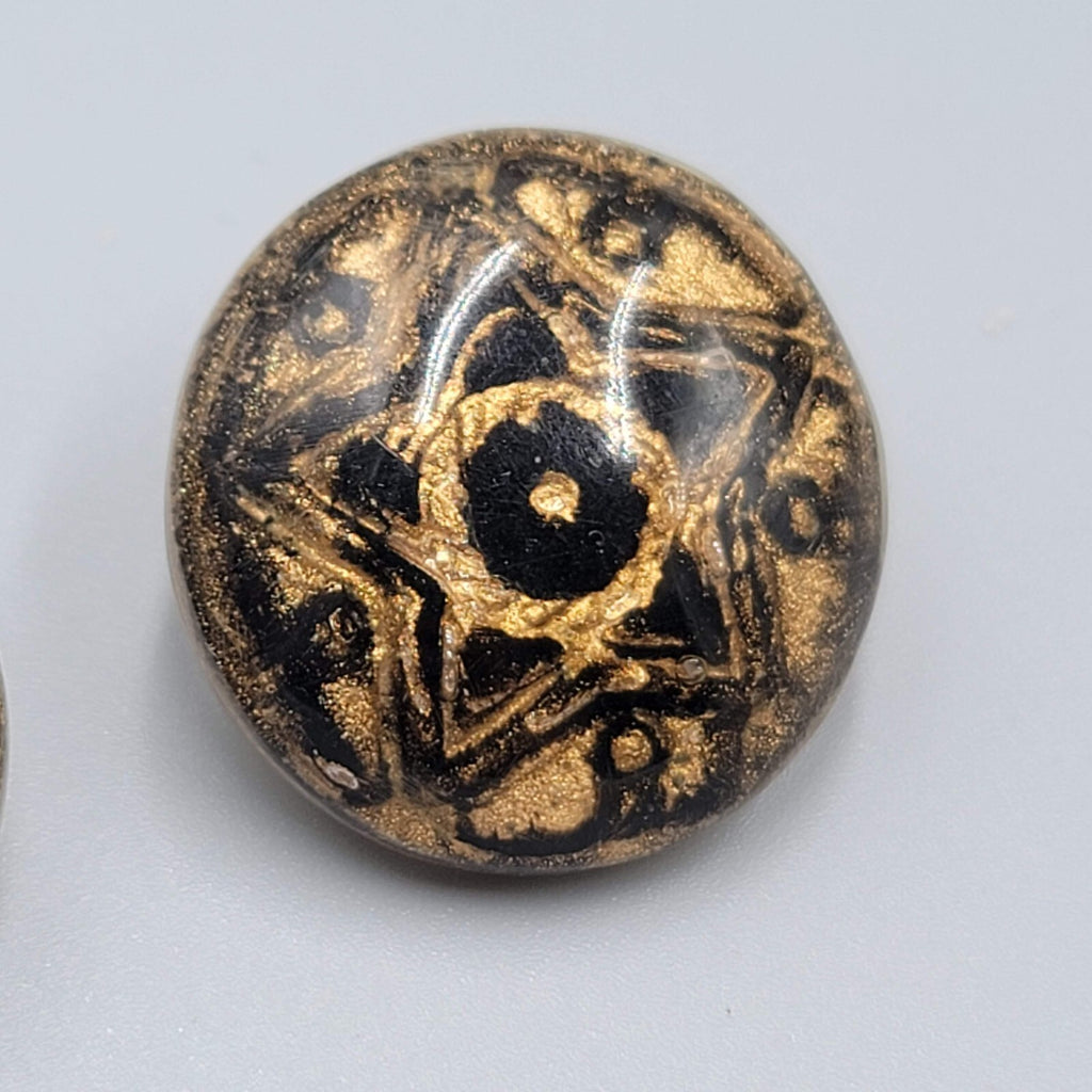 Vintage Star Resin Pierced Earrings Black Gold Round Domed 1"