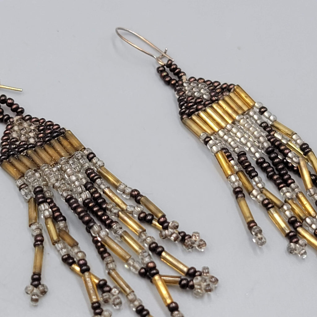 Vintage Seed Bead Tassel Pierced Earrings Clear Gold tone Black 2.75 in